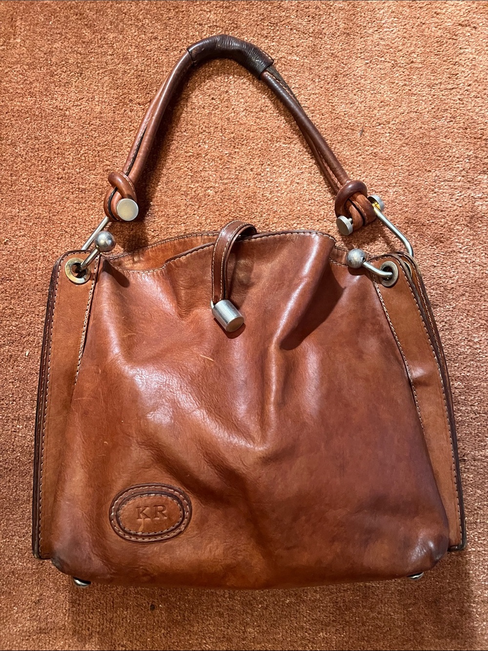 Vintag Cognac Leather Hobo Bag w/ great metal hardware